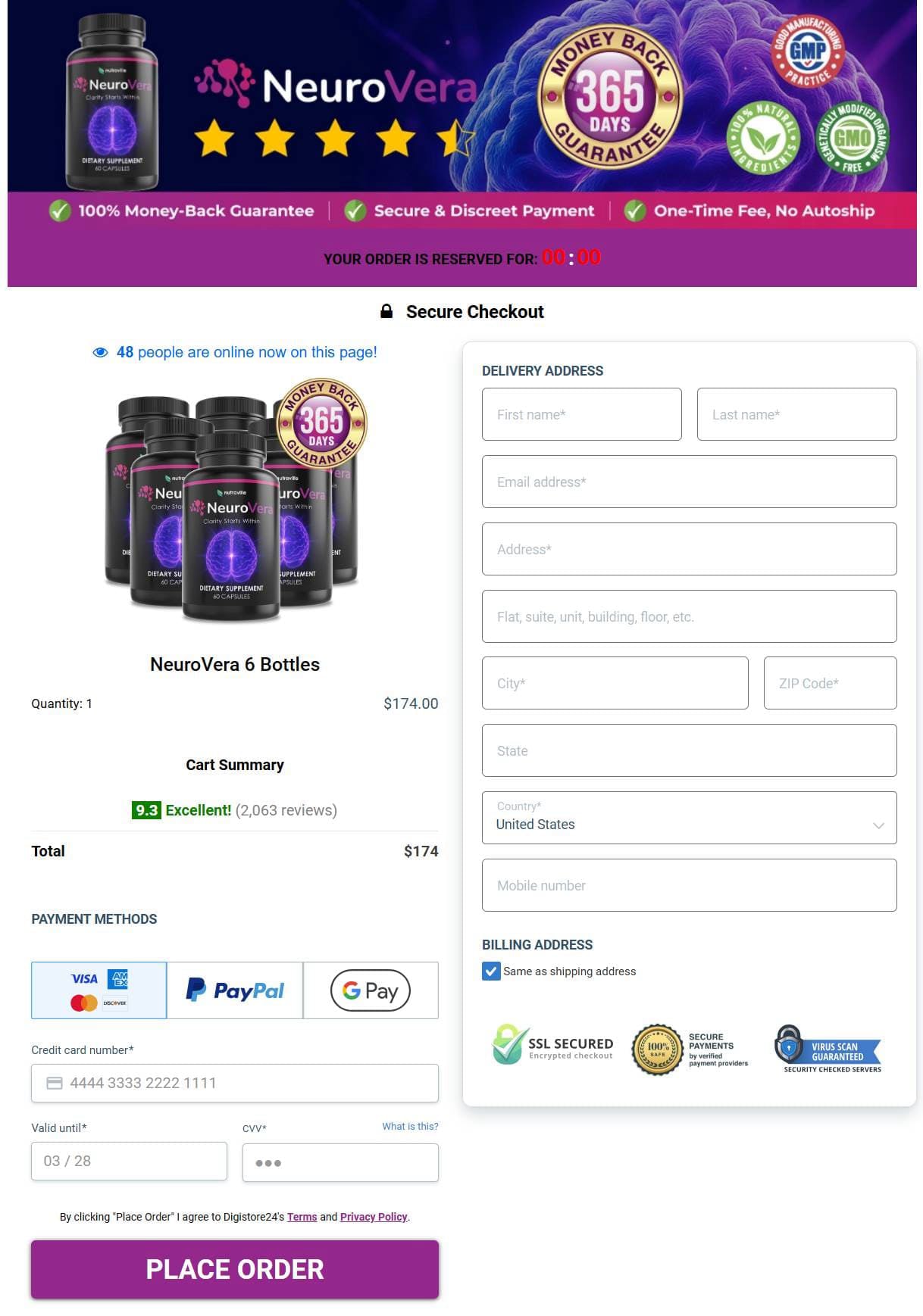 Neurovera Checkout Order Page